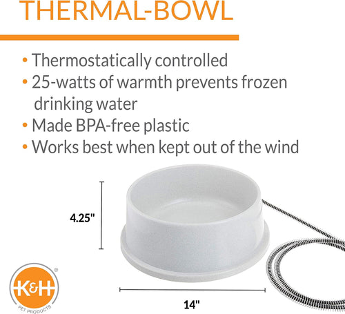 Thermal-Bowl Heated Water Bowl for Cats & Dogs Outside, Safety Listed Outdoor Heated Dog Dish for Pets, Automatic No Freeze, anti Chew Cord - 1.5 Gallons Granite 25W